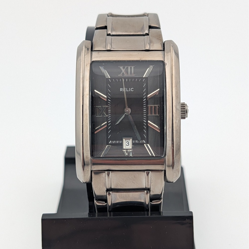 Relic ZR77109 Tank Watch Metallic Brown Patterned Dial Date Gunmetal Tone 50M